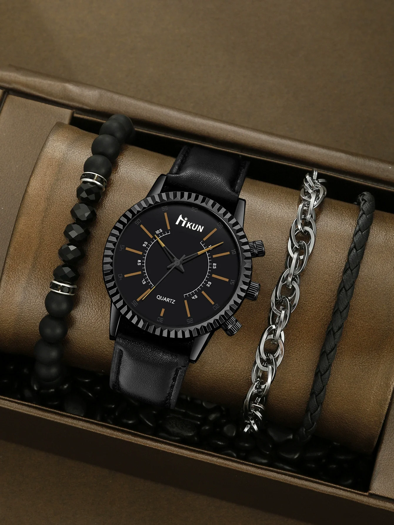 Sports Leisure Gear Dial Belt Quartz Watch Beaded Bracelet Alloy Case Imitation Leather Strap Round Dial Fashion Style - Image 10