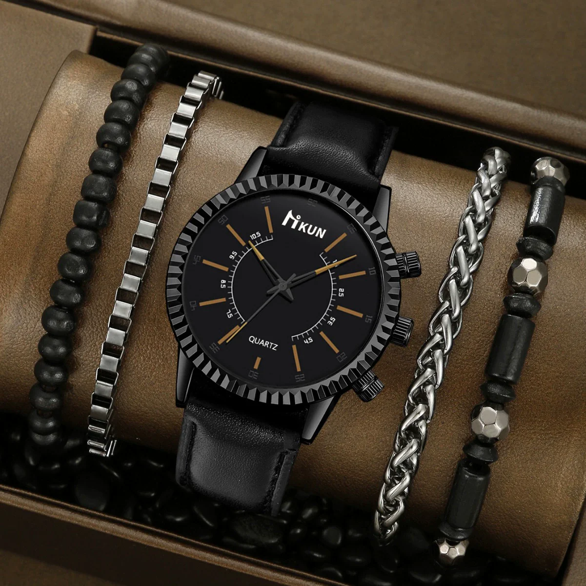 Sports Leisure Gear Dial Belt Quartz Watch Beaded Bracelet Alloy Case Imitation Leather Strap Round Dial Fashion Style - Image 2