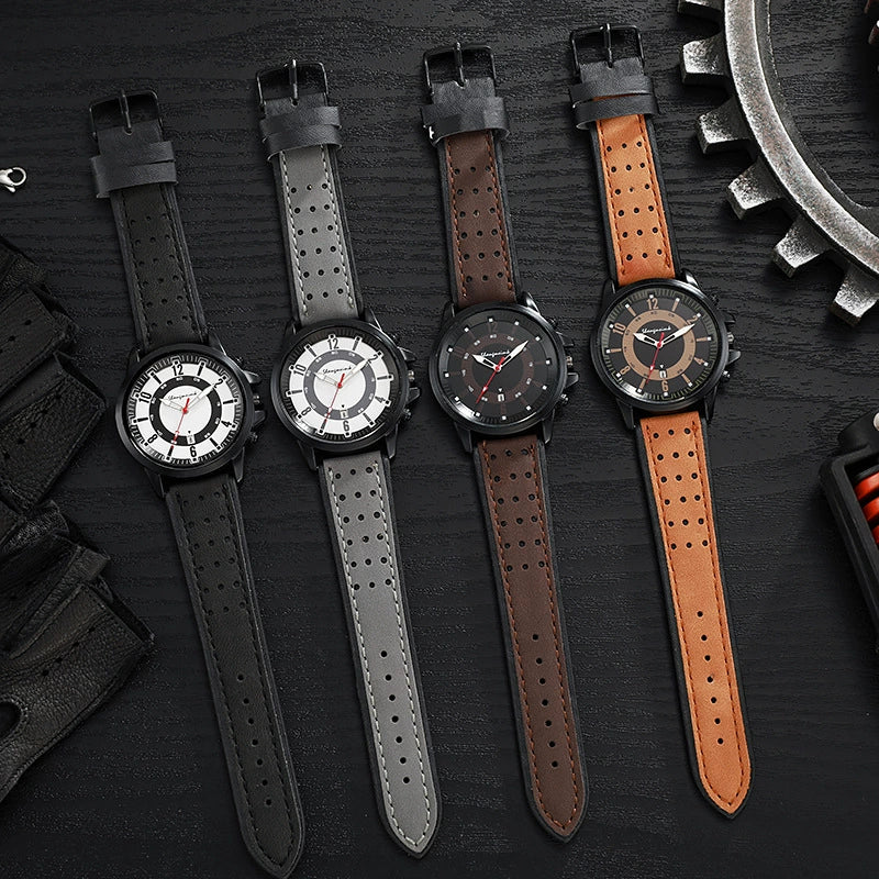 Sports Men's Quartz Watch Alloy Case Imitation Leather Strap Stainless Steel Buckle Round Dial