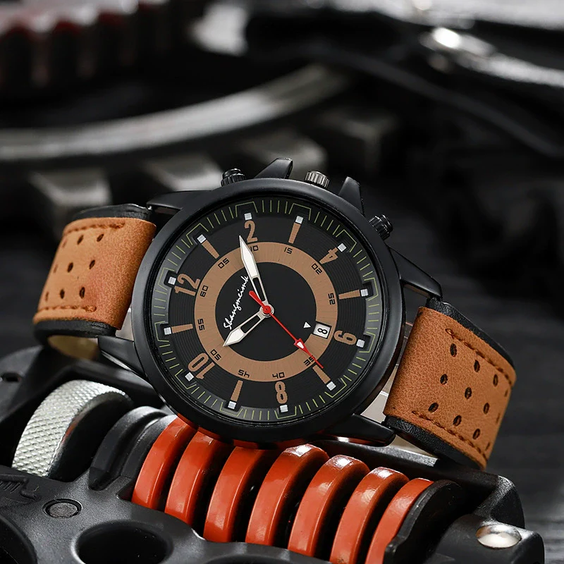 Sports Men's Quartz Watch Alloy Case Imitation Leather Strap Stainless Steel Buckle Round Dial - Image 2