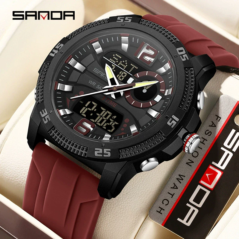 Sports Watch Dual Display Multifunction Luminous Digital Alarm Clock Silicone Strap Abs Case Acrylic Mirror Round Dial For Male And Female Students