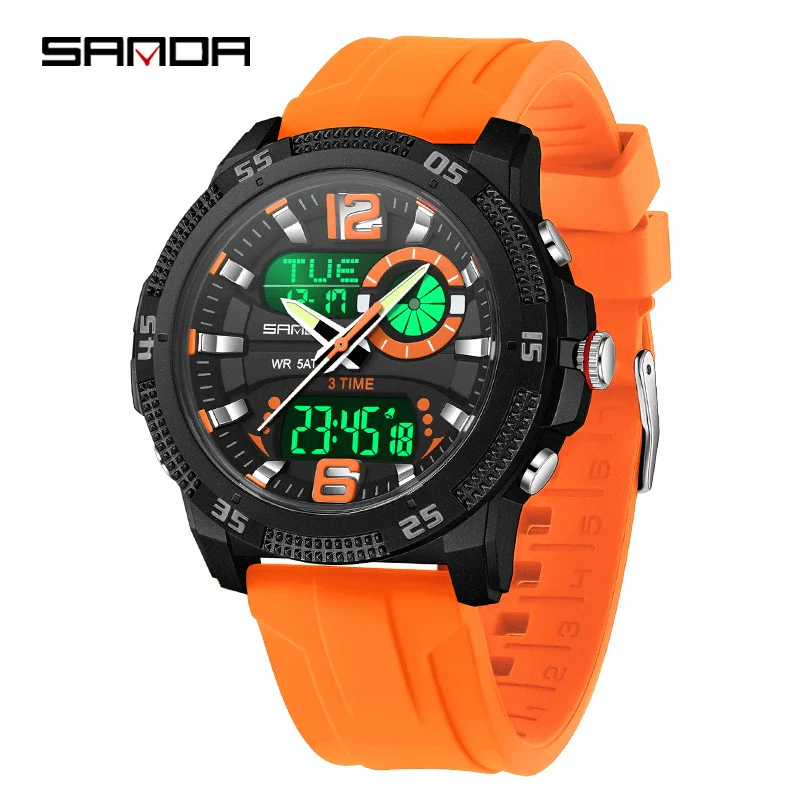 Sports Watch Dual Display Multifunction Luminous Digital Alarm Clock Silicone Strap Abs Case Acrylic Mirror Round Dial For Male And Female Students - Image 2