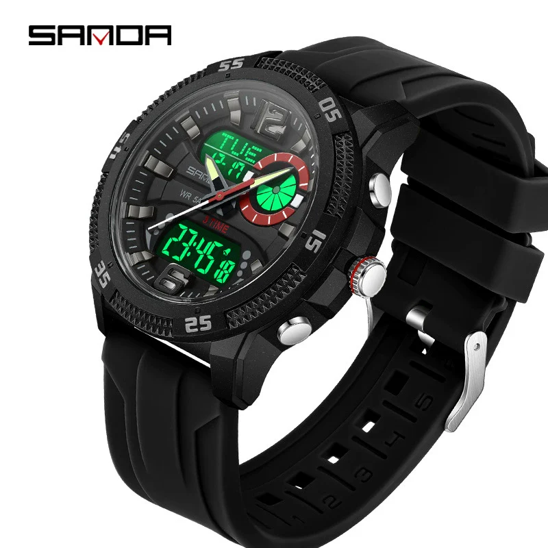 Sports Watch Dual Display Multifunction Luminous Digital Alarm Clock Silicone Strap Abs Case Acrylic Mirror Round Dial For Male And Female Students - Image 3