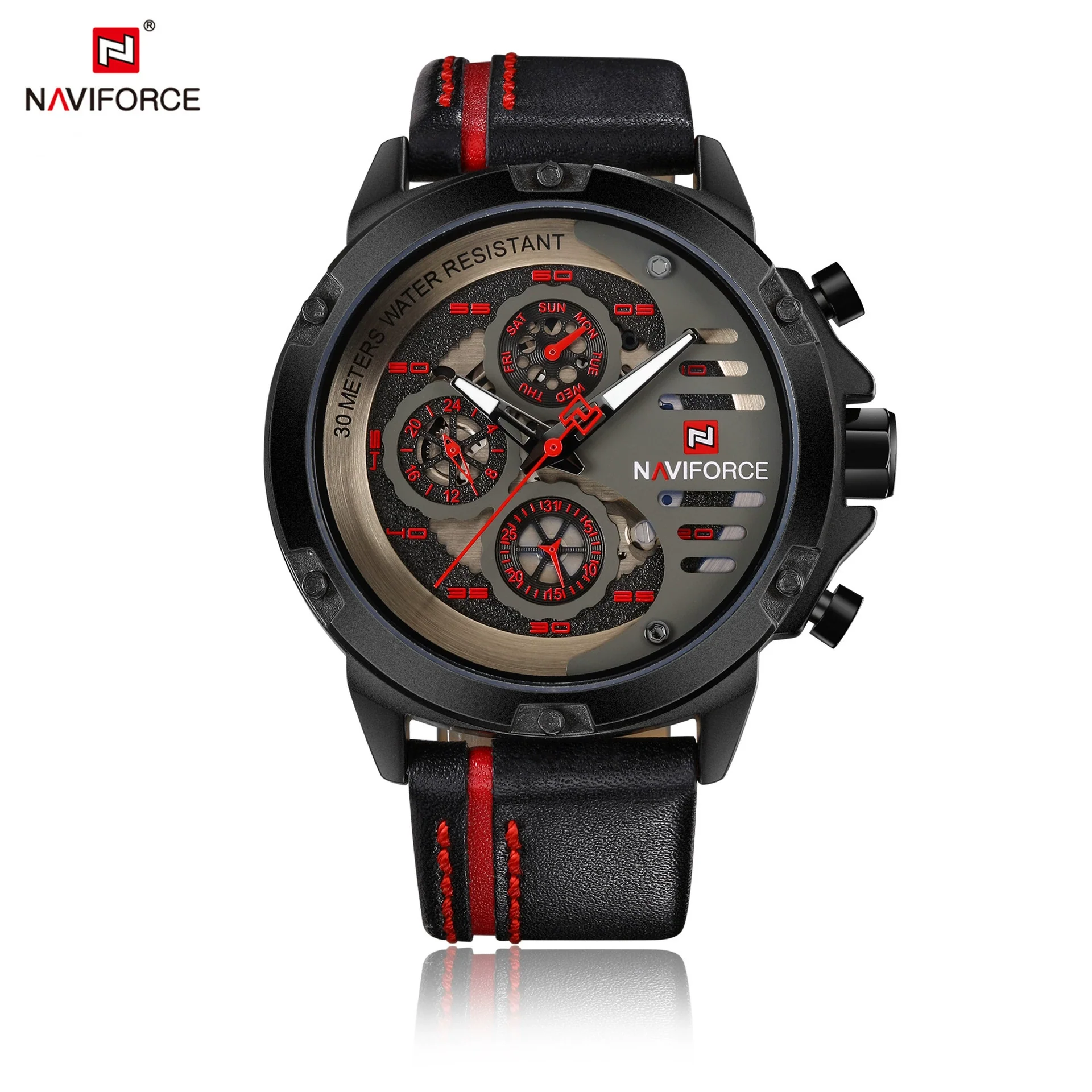 Sports Watch Genuine Leather Strap Metal Case Stainless Steel Clasp Quartz Calendar Week Luminous Waterproof Round Dial Men's Fashion - Image 2