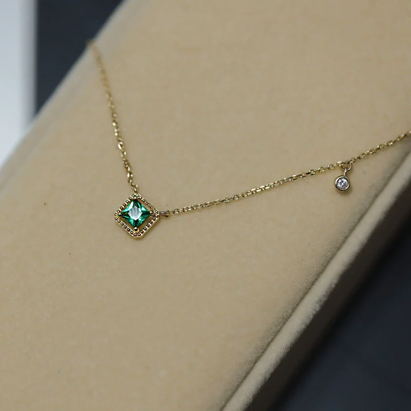 Square Emerald Sterling Silver Necklace With Diamond And Goldplated Geometric Style For Women - Image 2