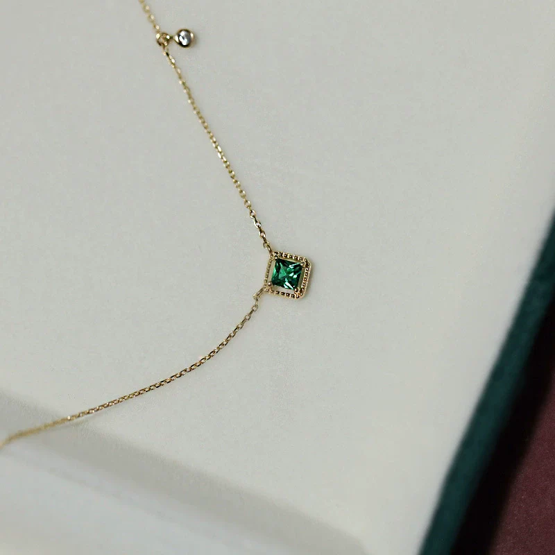 Square Emerald Sterling Silver Necklace With Diamond And Goldplated Geometric Style For Women - Image 3