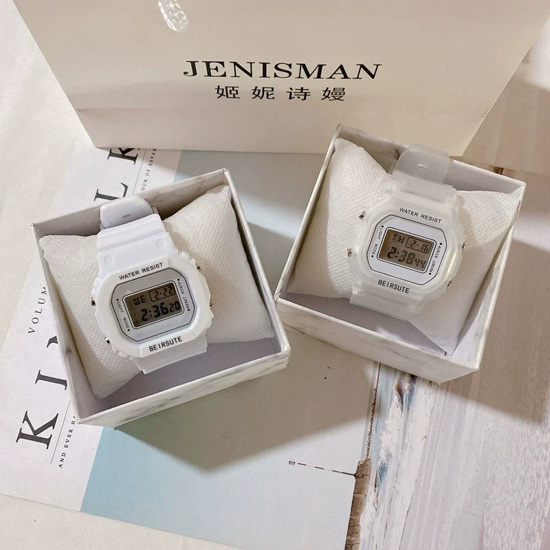 Square Sports Electronic Couple's Watch Plastic Case Silicone Strap Rose Gold Clasp - Image 2