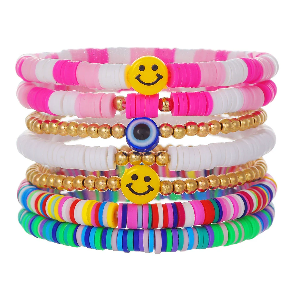 Stacking Bracelet Set Polymer Clay Handmade Geometric Style Colorful Soft Oil Dripping White Smiley Face Bohemian - Image 25