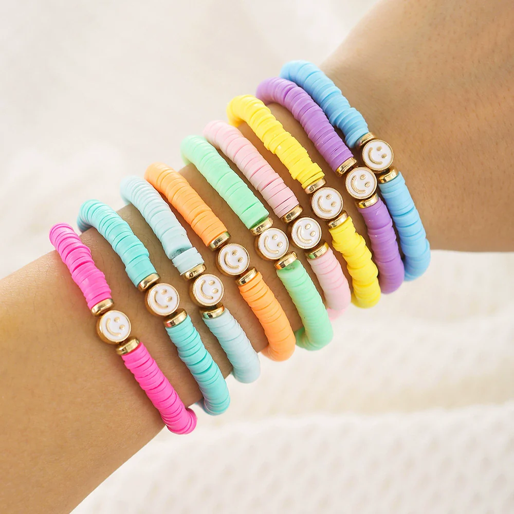 Stacking Bracelet Set Polymer Clay Handmade Geometric Style Colorful Soft Oil Dripping White Smiley Face Bohemian - Image 4