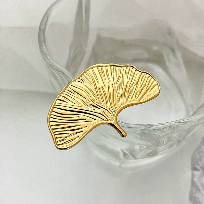 Stacking Ring Stainless Steel Electroplated Real Gold Multilayer Ginkgo Leaf Style For Women