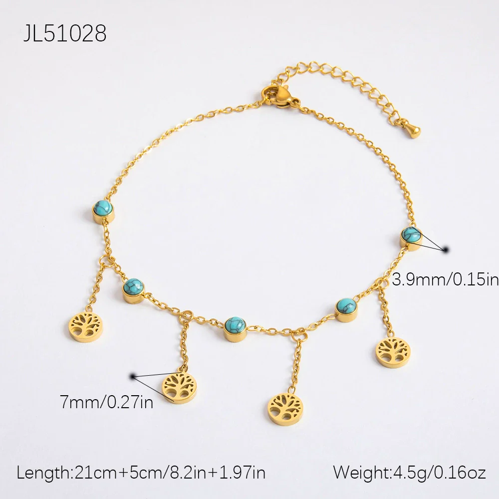 Stainless Steel 18K Gold Plated Life Tree Turquoise Zircon Pearl Anklet For Women - Image 10