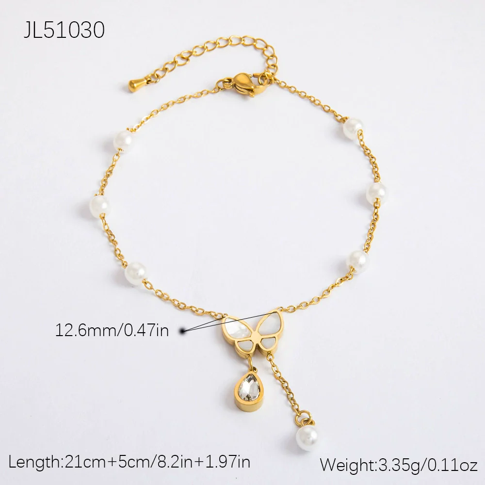 Stainless Steel 18K Gold Plated Life Tree Turquoise Zircon Pearl Anklet For Women - Image 12