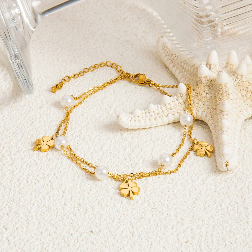 Stainless Steel 18K Gold Plated Life Tree Turquoise Zircon Pearl Anklet For Women - Image 3