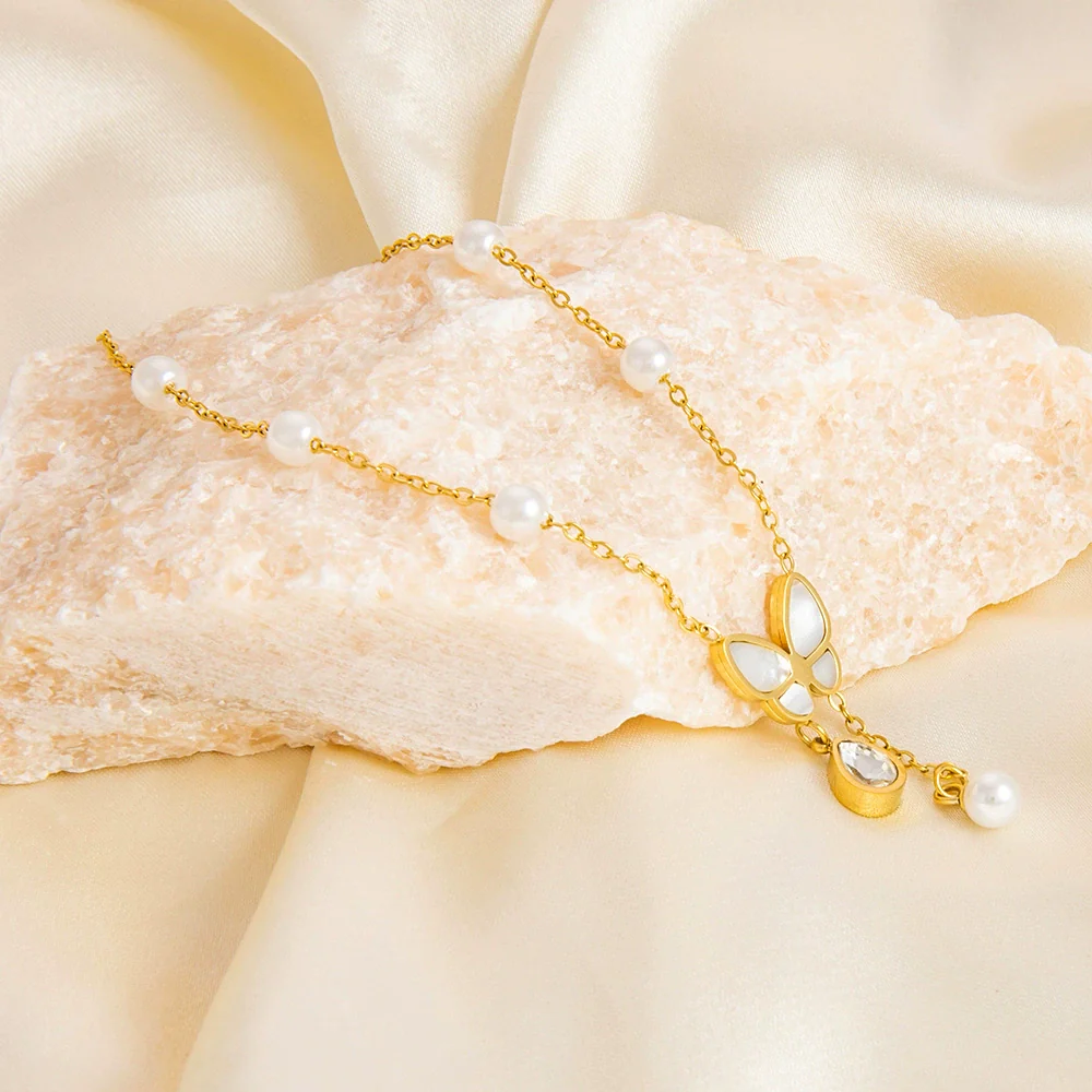 Stainless Steel 18K Gold Plated Life Tree Turquoise Zircon Pearl Anklet For Women - Image 4