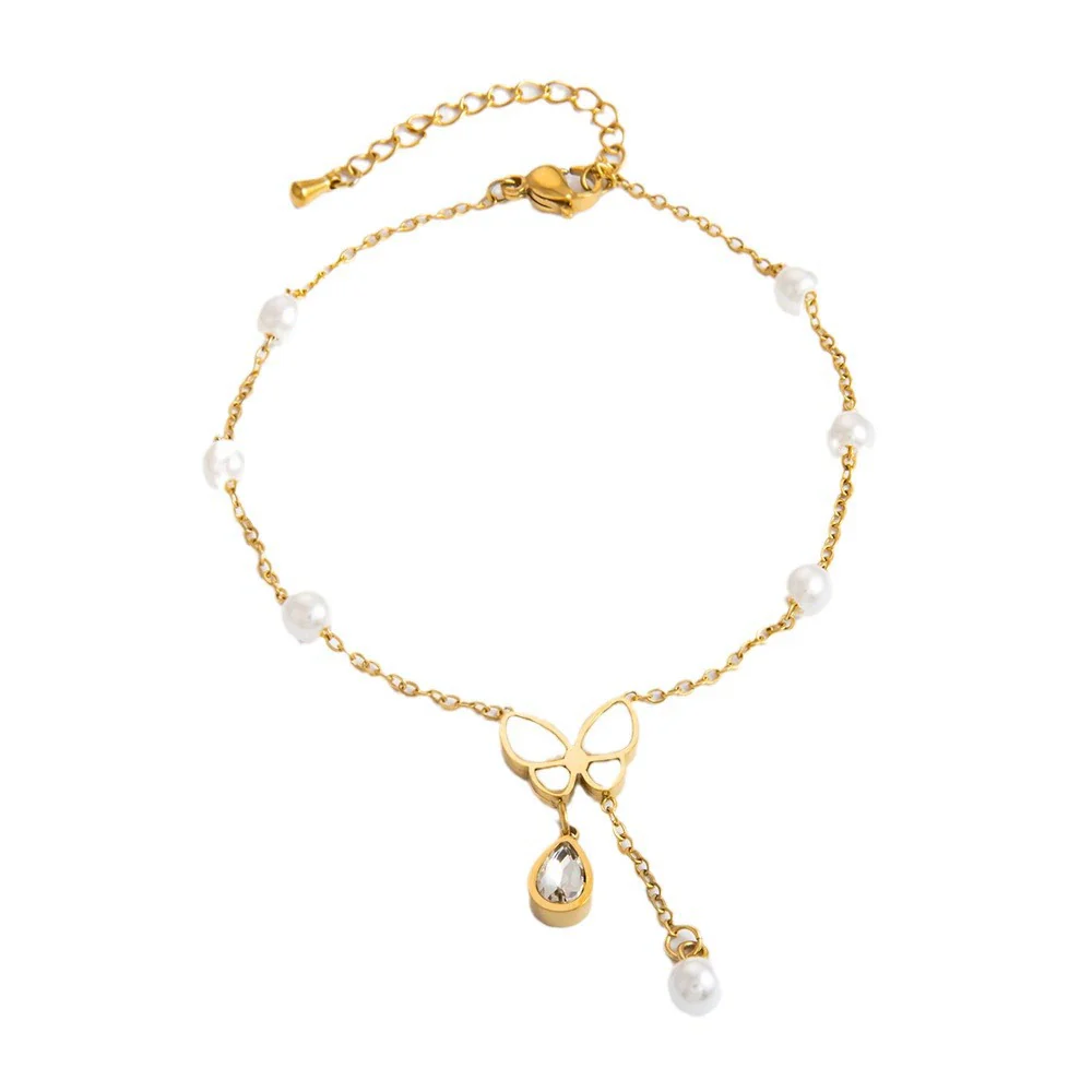 Stainless Steel 18K Gold Plated Life Tree Turquoise Zircon Pearl Anklet For Women - Image 5