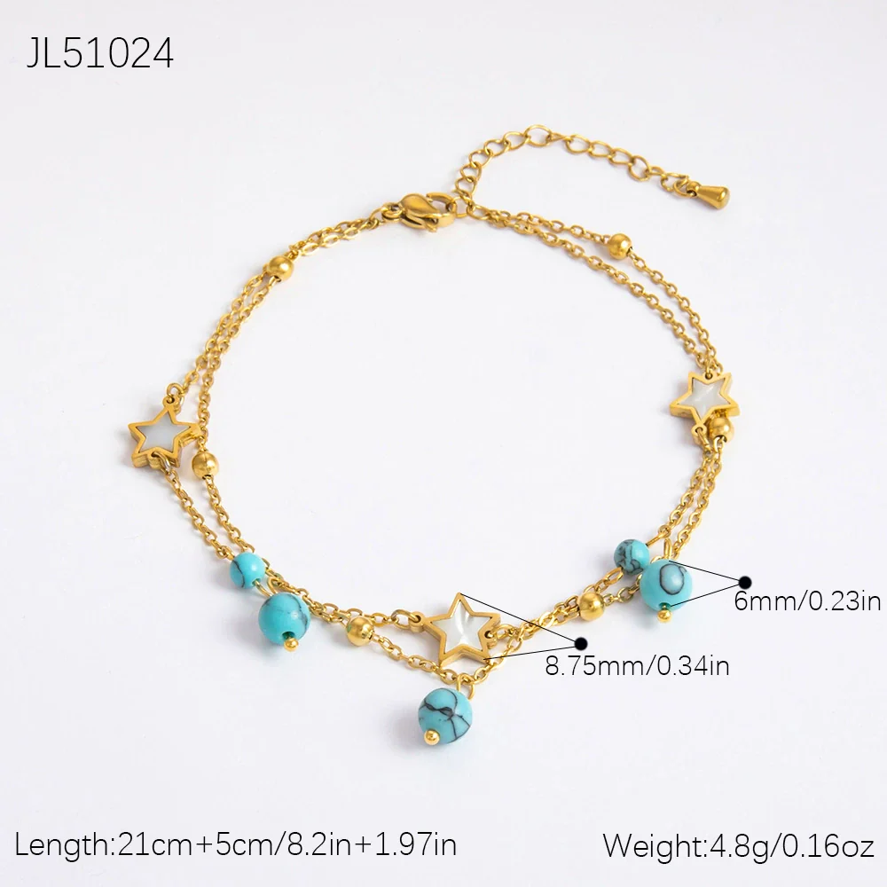 Stainless Steel 18K Gold Plated Life Tree Turquoise Zircon Pearl Anklet For Women - Image 6