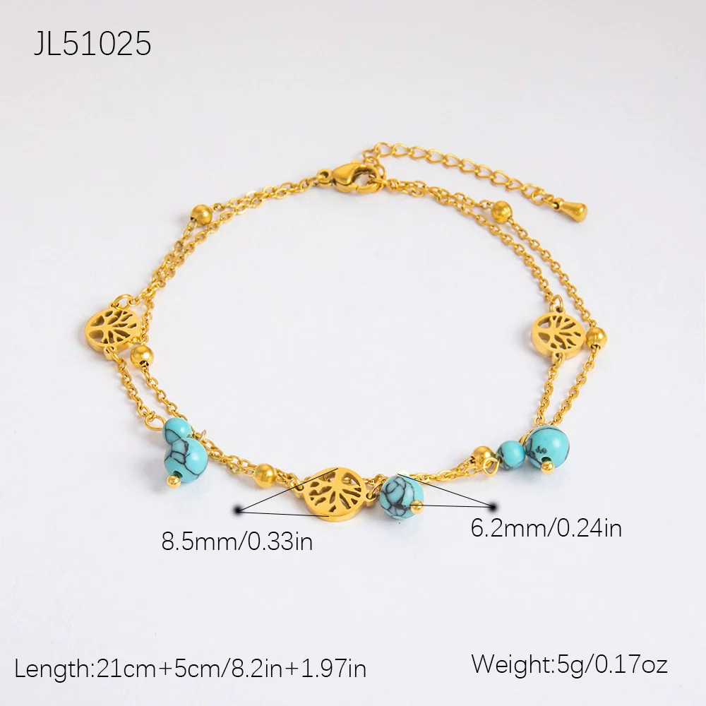 Stainless Steel 18K Gold Plated Life Tree Turquoise Zircon Pearl Anklet For Women - Image 7
