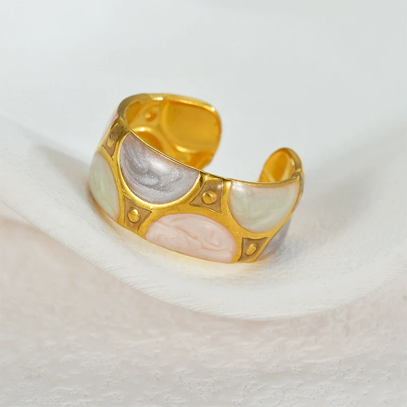 Stainless Steel 18K Goldplated Enamel Geometric Oil Dripping Ring - Image 3