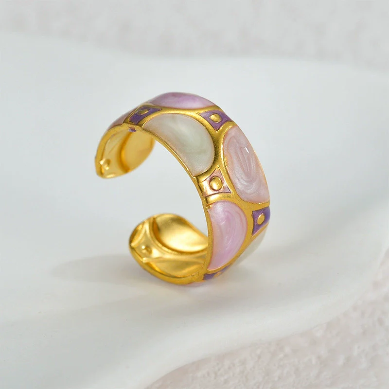 Stainless Steel 18K Goldplated Enamel Geometric Oil Dripping Ring - Image 4