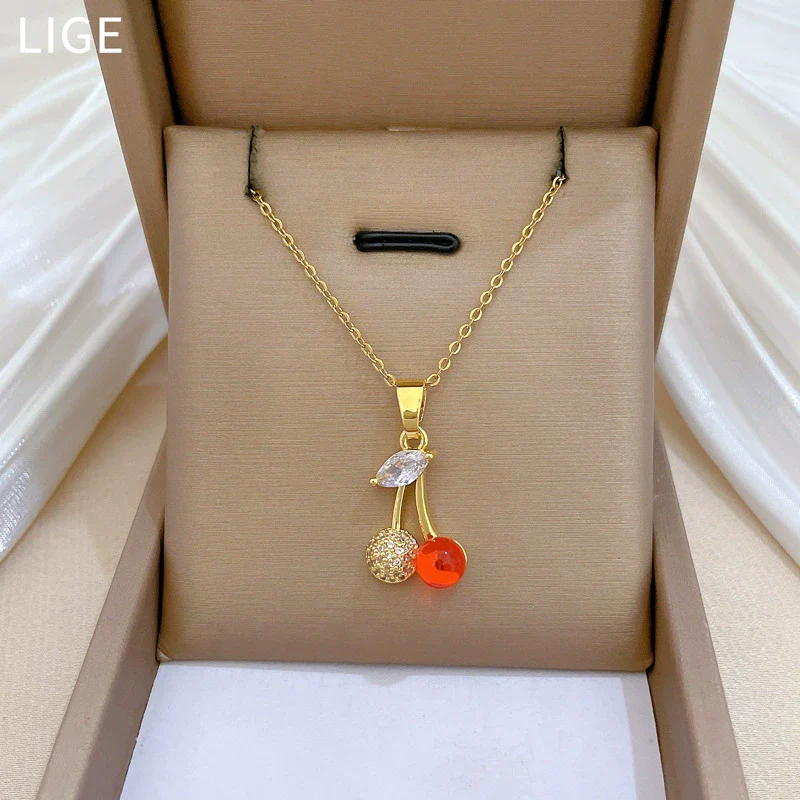 Stainless Steel And Copper Animal Zodiac Fruit Cherry Fashion Light Luxury Elegant Gorgeous Full Diamond Unisex Necklace