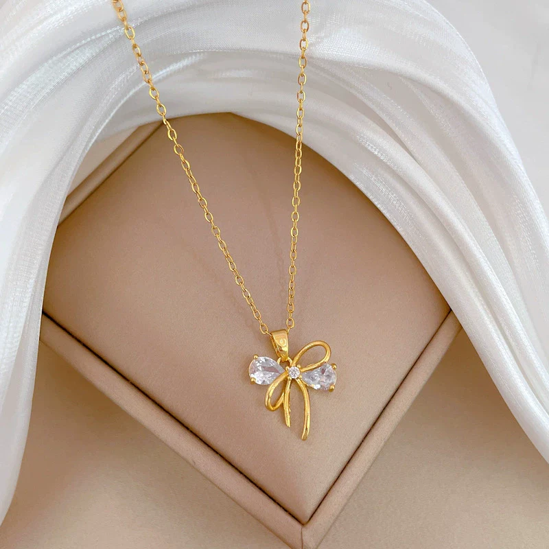 Stainless Steel And Copper Hollow Bow Geometric Light Luxury Style Full Diamond Necklace For Women - Image 3