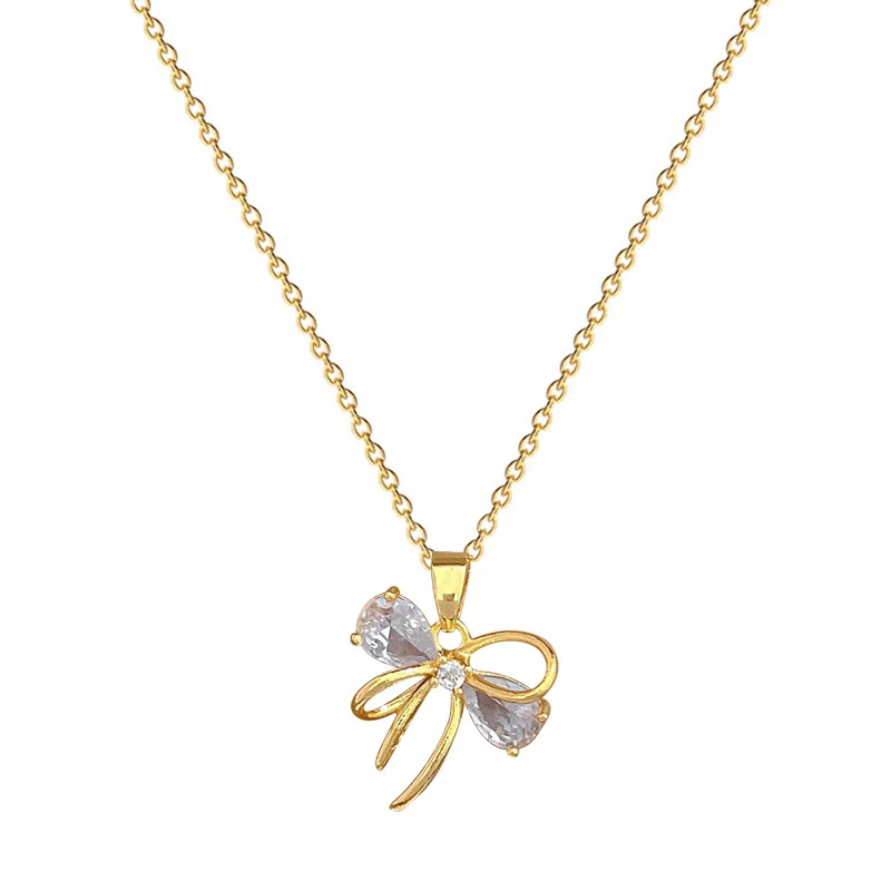 Stainless Steel And Copper Hollow Bow Geometric Light Luxury Style Full Diamond Necklace For Women - Image 5