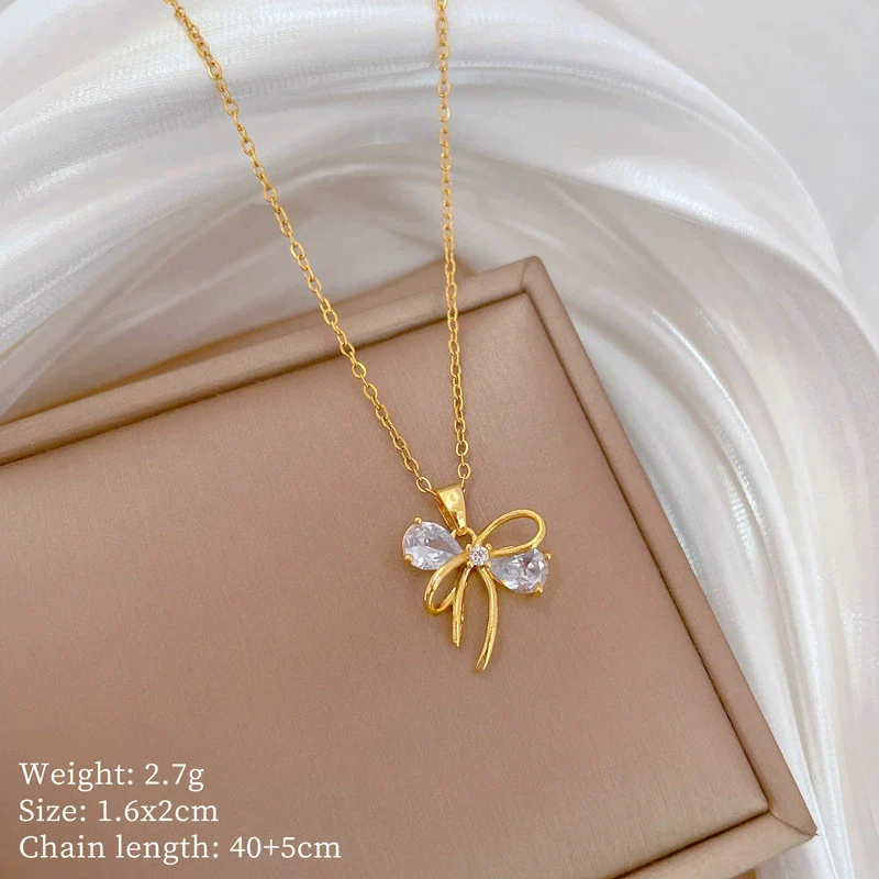 Stainless Steel And Copper Hollow Bow Geometric Light Luxury Style Full Diamond Necklace For Women - Image 6