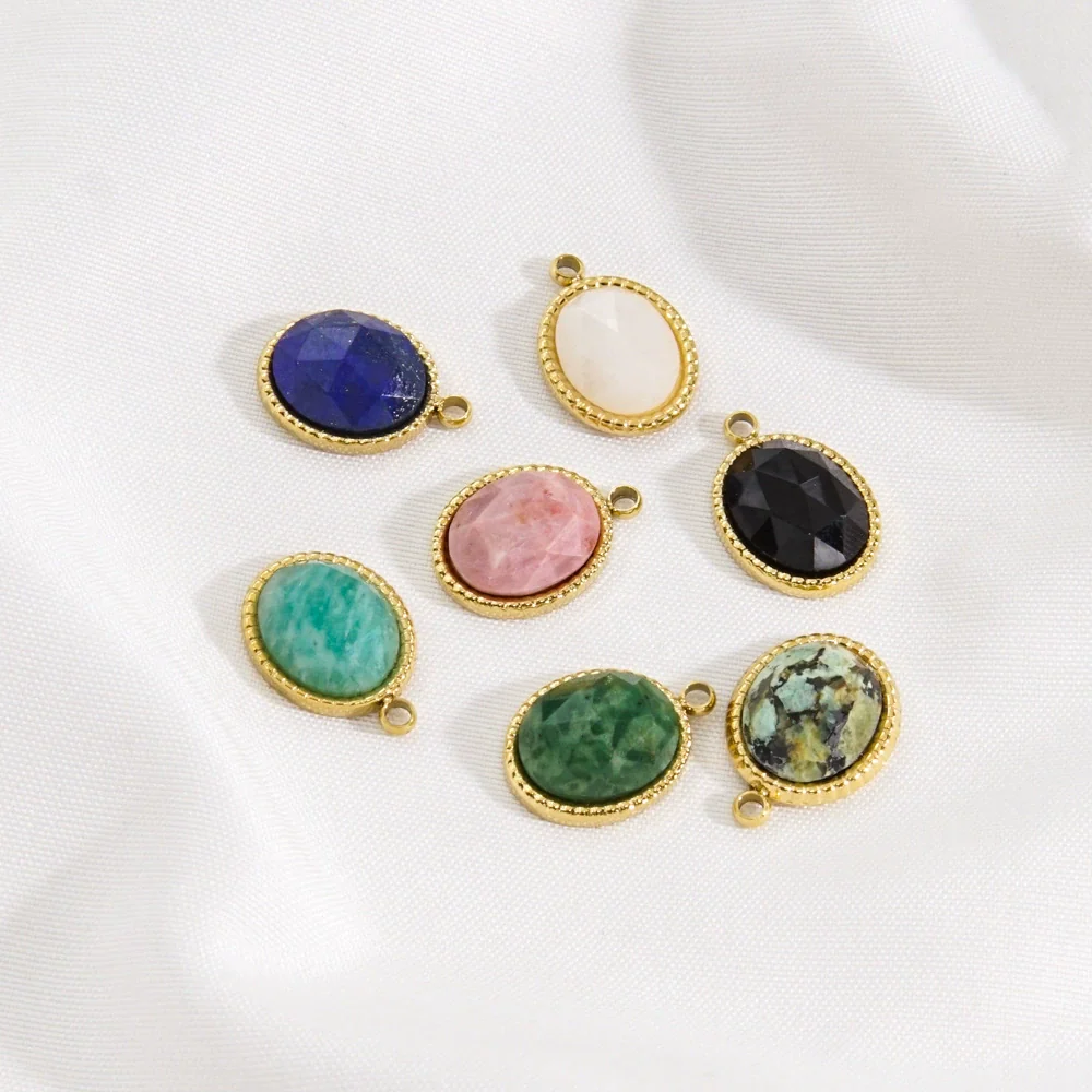 Stainless Steel And Natural Stone Oval Pendant Diy Accessories With Vacuum Electroplating Colorpreserving Treatment - Image 2