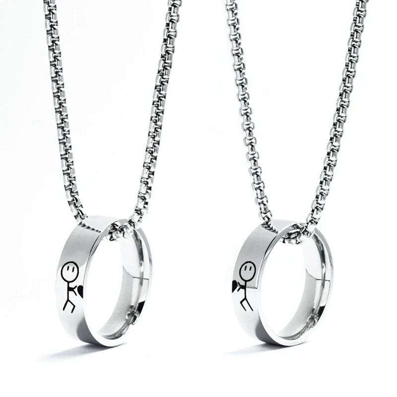 Stainless Steel And Titanium Steel Couple Ring Necklace With Stickman Cartoon Character Pearl Chain Seiko Design