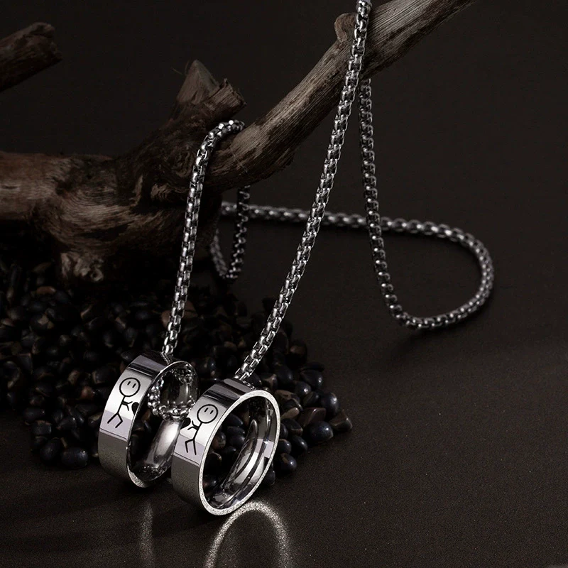 Stainless Steel And Titanium Steel Couple Ring Necklace With Stickman Cartoon Character Pearl Chain Seiko Design - Image 2