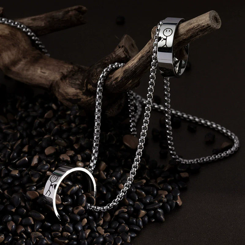 Stainless Steel And Titanium Steel Couple Ring Necklace With Stickman Cartoon Character Pearl Chain Seiko Design - Image 3