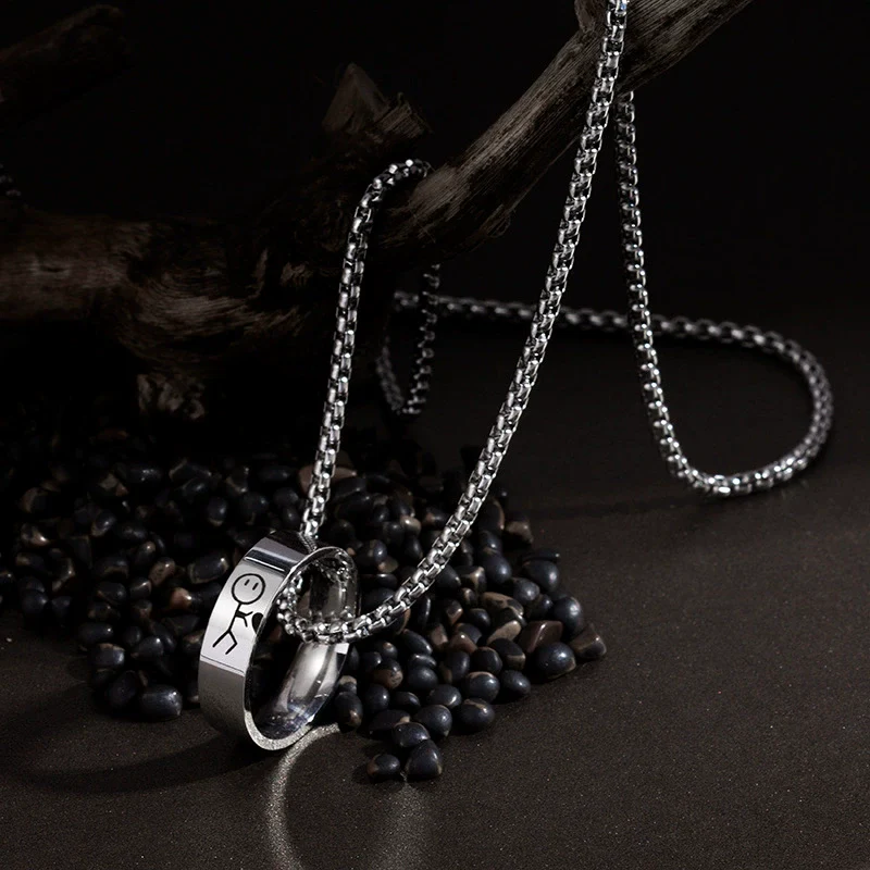 Stainless Steel And Titanium Steel Couple Ring Necklace With Stickman Cartoon Character Pearl Chain Seiko Design - Image 4