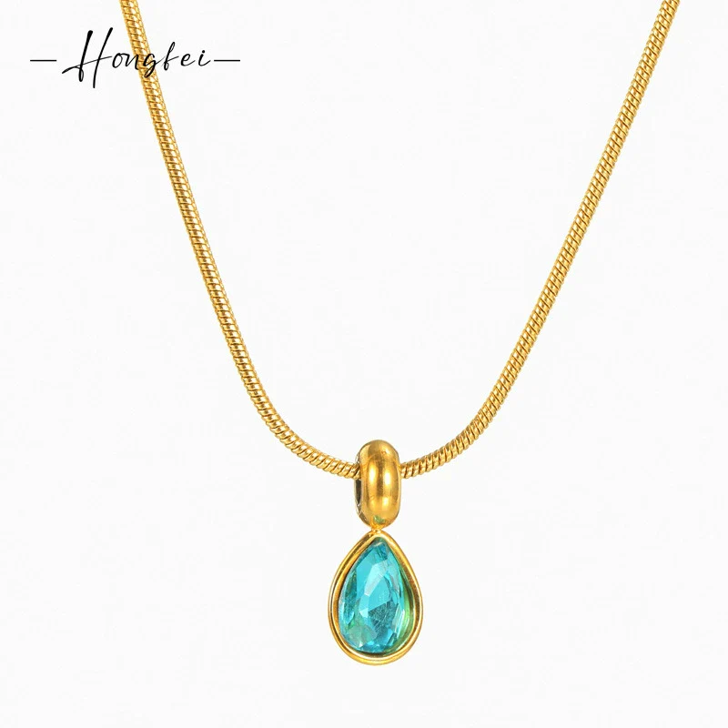 Stainless Steel And Titanium Steel Drop Shape Necklace For Women With Electroplating And Snake Bone Chain