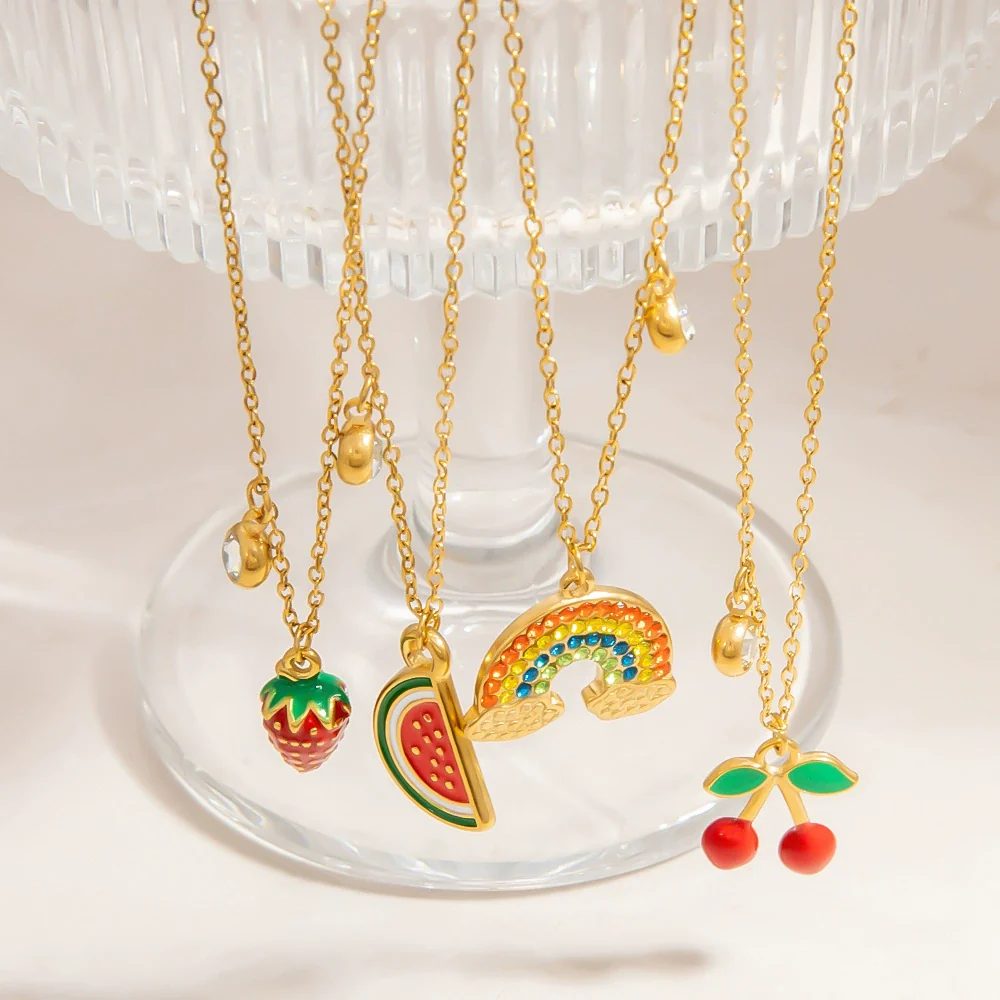 Stainless Steel And Titanium Steel Fruit Pendant Necklace Electroplated With 18K Real Gold For Women