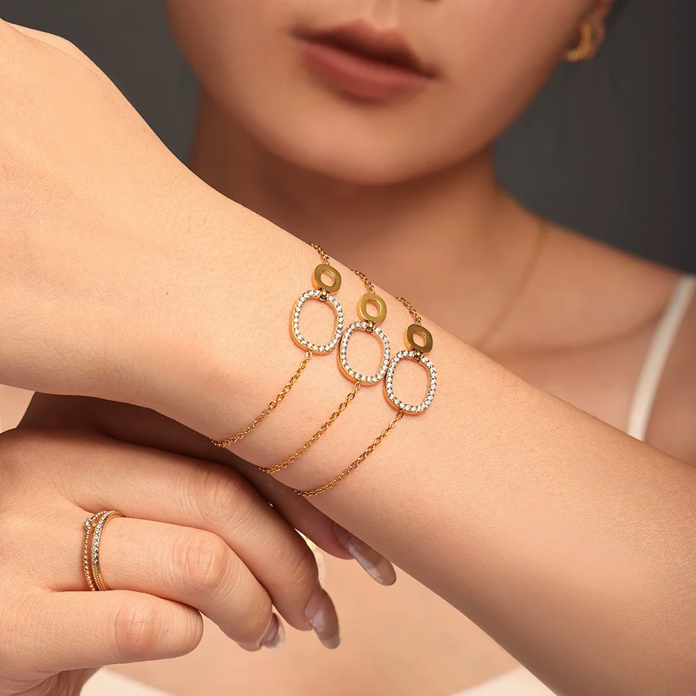 Stainless Steel And Titanium Steel Inlaid Zircon Double Ring Necklace Bracelet For Women With Electroplating And Geometric Style - Image 2