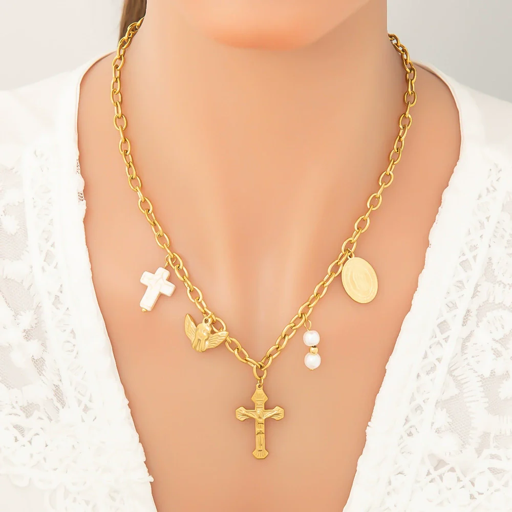 Stainless Steel And Titanium Steel Light Luxury O Chain Necklace With 18K Gold Cross And Pearl Electroplated - Image 4