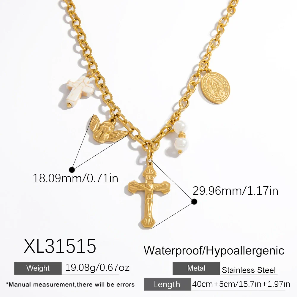 Stainless Steel And Titanium Steel Light Luxury O Chain Necklace With 18K Gold Cross And Pearl Electroplated - Image 7