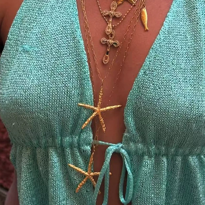 Stainless Steel And Titanium Steel Starfish Pendant Necklace For Women Electroplated Simple Style