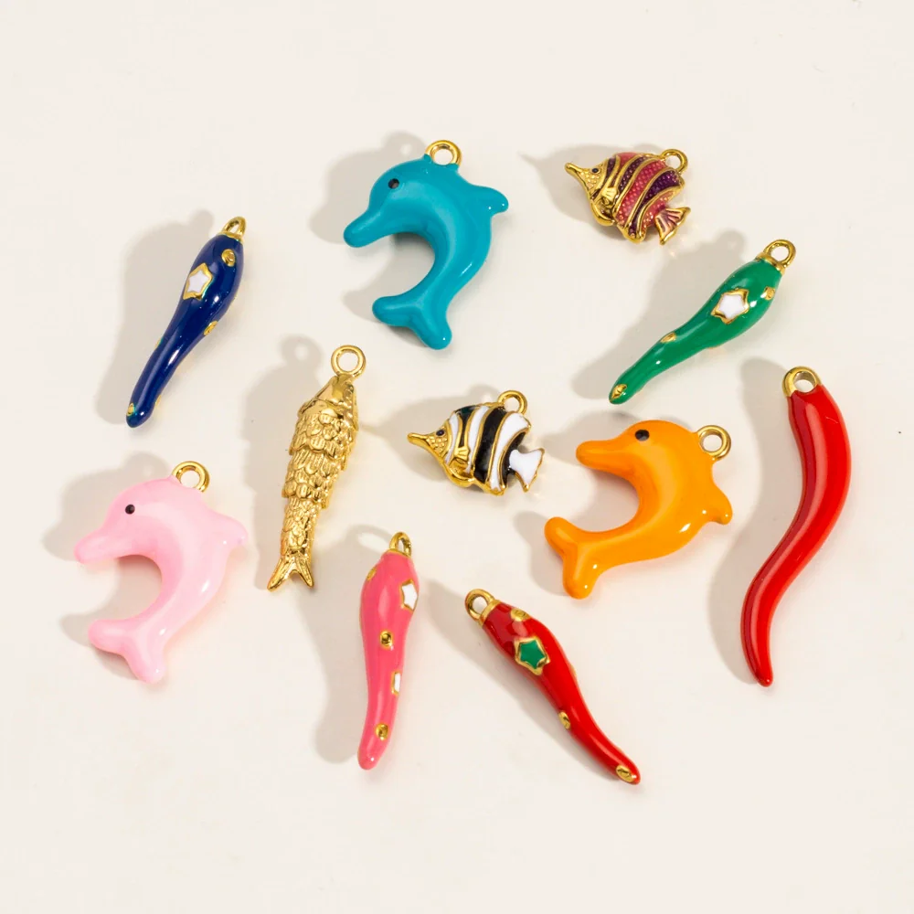 Stainless Steel Animal Style Oil Dripping Marine Series Pendant Diy Jewelry Accessories With Real Gold Electroplated Dolphin And Tropical Fish - Image 2