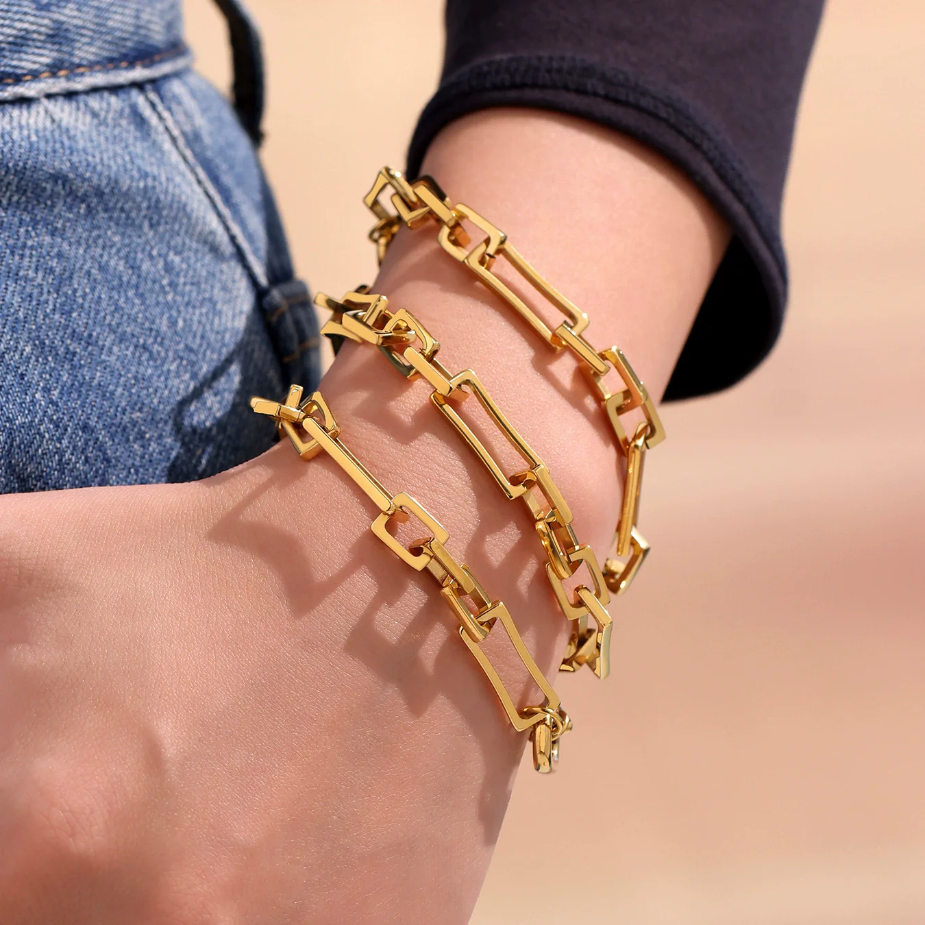 Stainless Steel Bamboo Chain Women's Bracelet Geometric 18K Goldplated Hiphop Jewelry - Image 4
