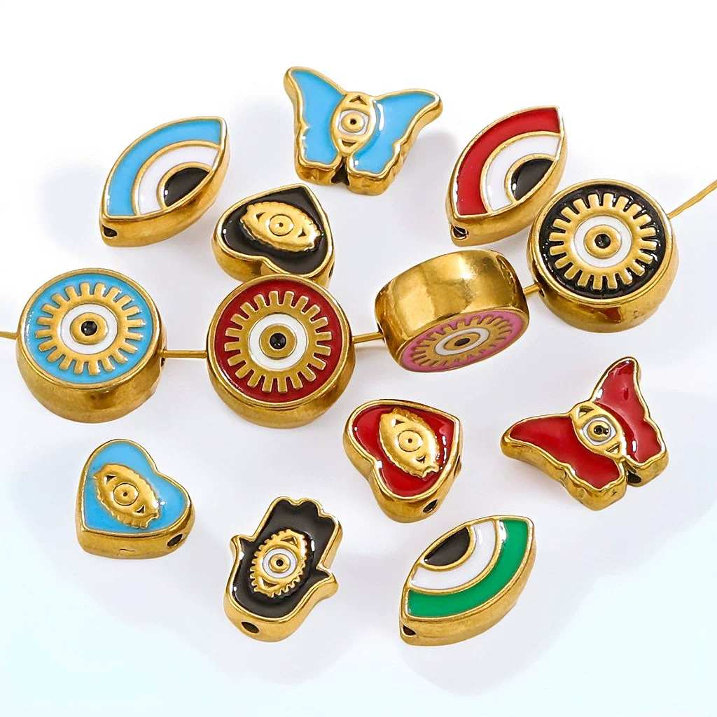 Stainless Steel Beaded Square Double Sided Enamel Drop Oil Eye Spacer Beads For Diy Jewelry Accessories 18K Gold Vacuum Plated With Eight Eyes Pattern
