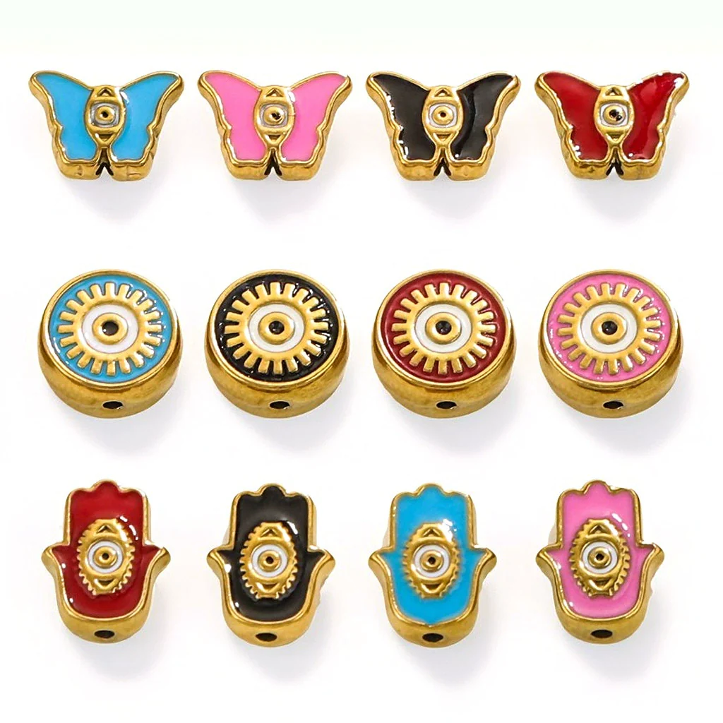 Stainless Steel Beaded Square Double Sided Enamel Drop Oil Eye Spacer Beads For Diy Jewelry Accessories 18K Gold Vacuum Plated With Eight Eyes Pattern - Image 2