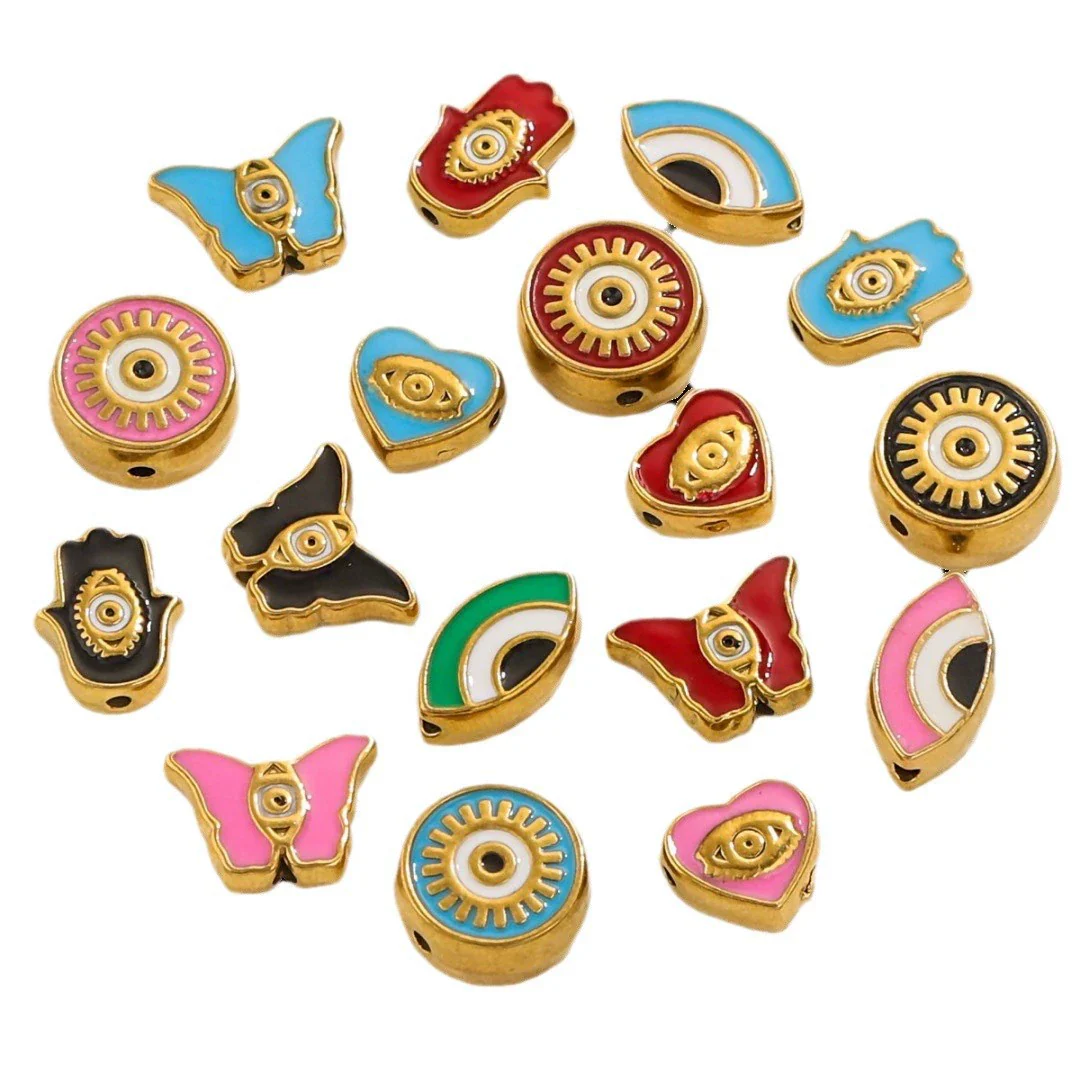 Stainless Steel Beaded Square Double Sided Enamel Drop Oil Eye Spacer Beads For Diy Jewelry Accessories 18K Gold Vacuum Plated With Eight Eyes Pattern - Image 5