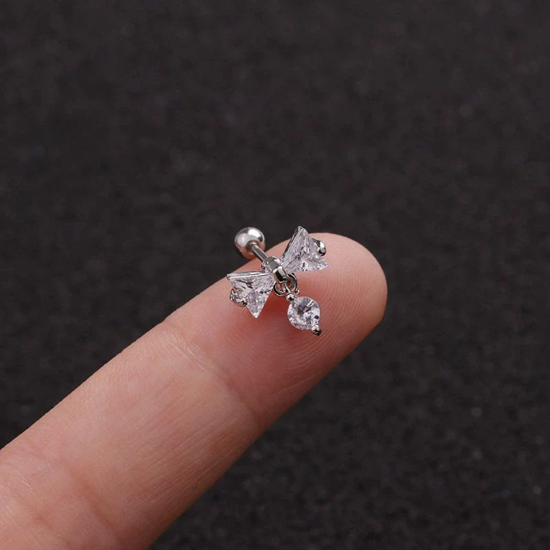 Stainless Steel Bow Pendant Zircon Earrings - Image 10