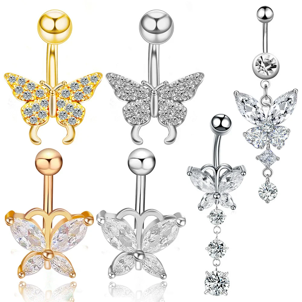 Stainless Steel Butterfly Navel Ring With Diamond Design And Alloy Inlaid Artificial Gemstones For Women Body Piercing Jewelry