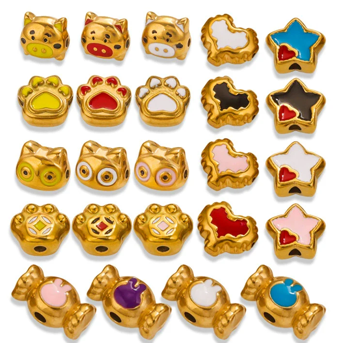 Stainless Steel Cartoon Beads With Oil Dropping Large Hole Eight Eyes Pattern 18K Gold Vacuum Plated Diy Bracelet Jewelry Accessories