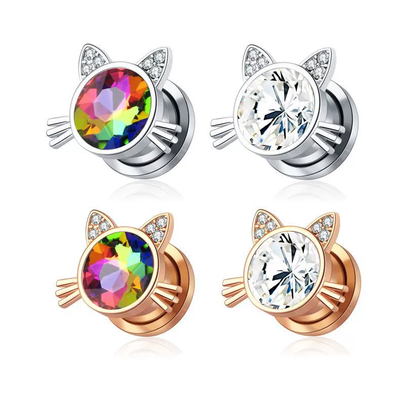 Stainless Steel Cat Head Punk Crystal Electroplated Flower Earrings Piercing Jewelry
