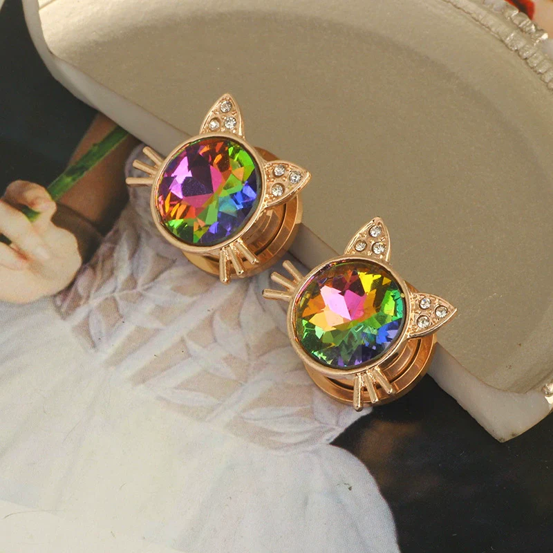 Stainless Steel Cat Head Punk Crystal Electroplated Flower Earrings Piercing Jewelry - Image 3