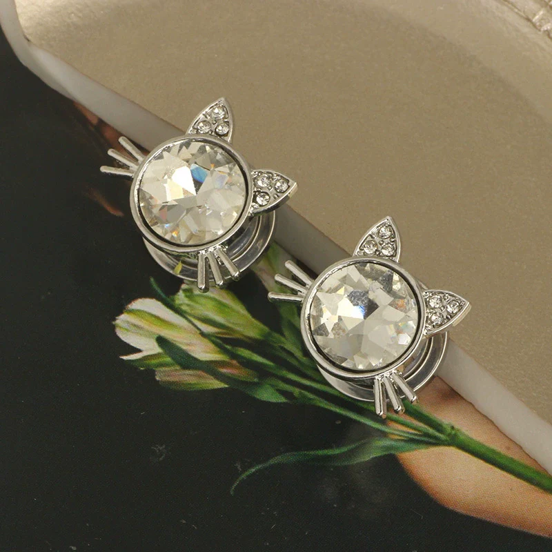 Stainless Steel Cat Head Punk Crystal Electroplated Flower Earrings Piercing Jewelry - Image 4