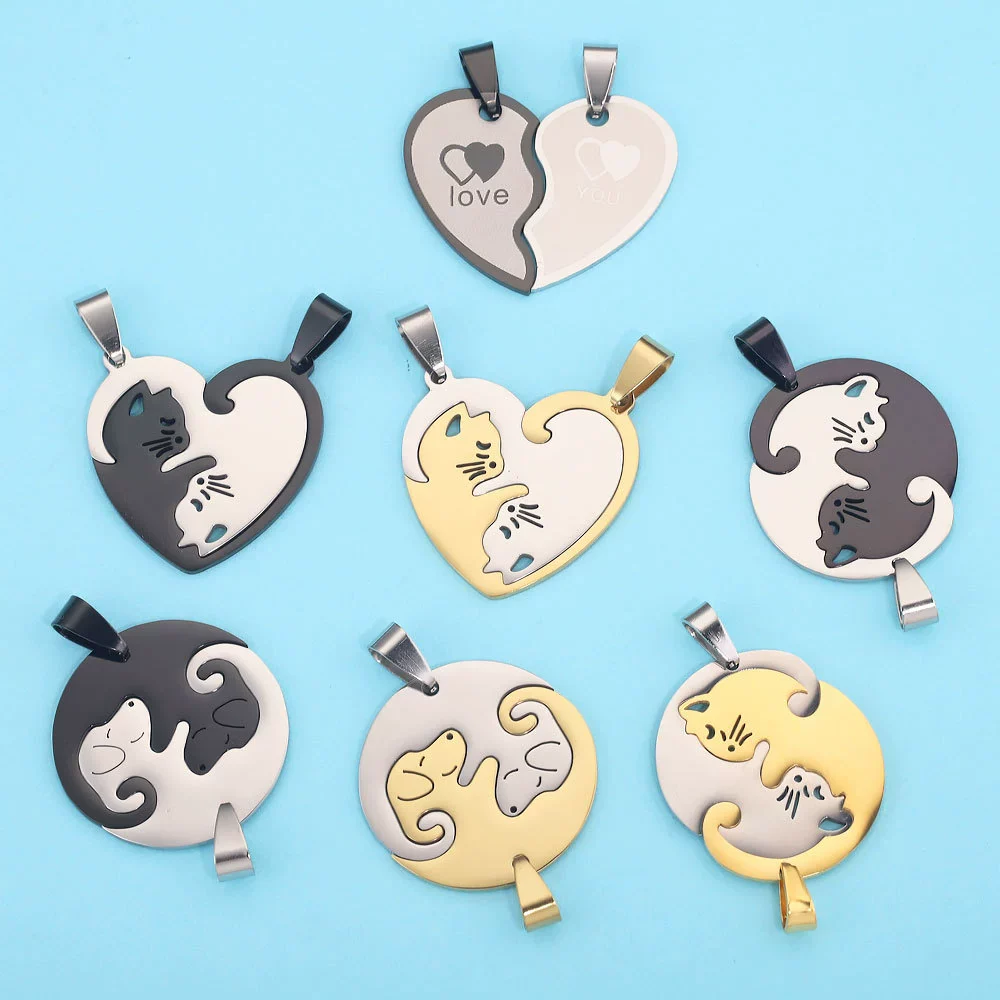Stainless Steel Cat Puppy Cartoon Pendant Necklace 18K Gold Plated